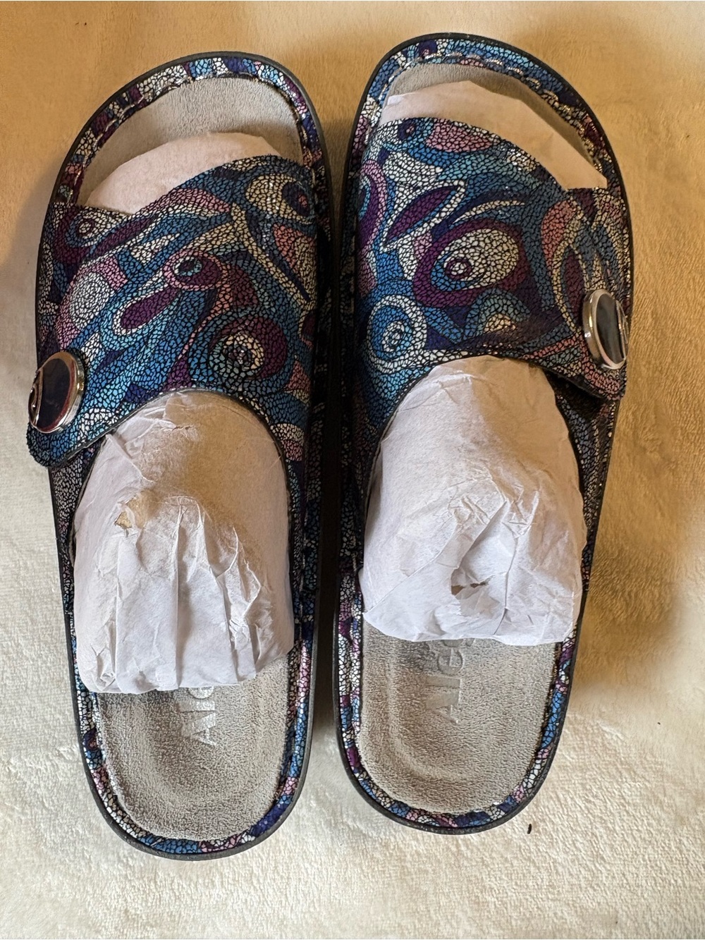 Alegria Blue and Purple Patterned Slide Clogs
